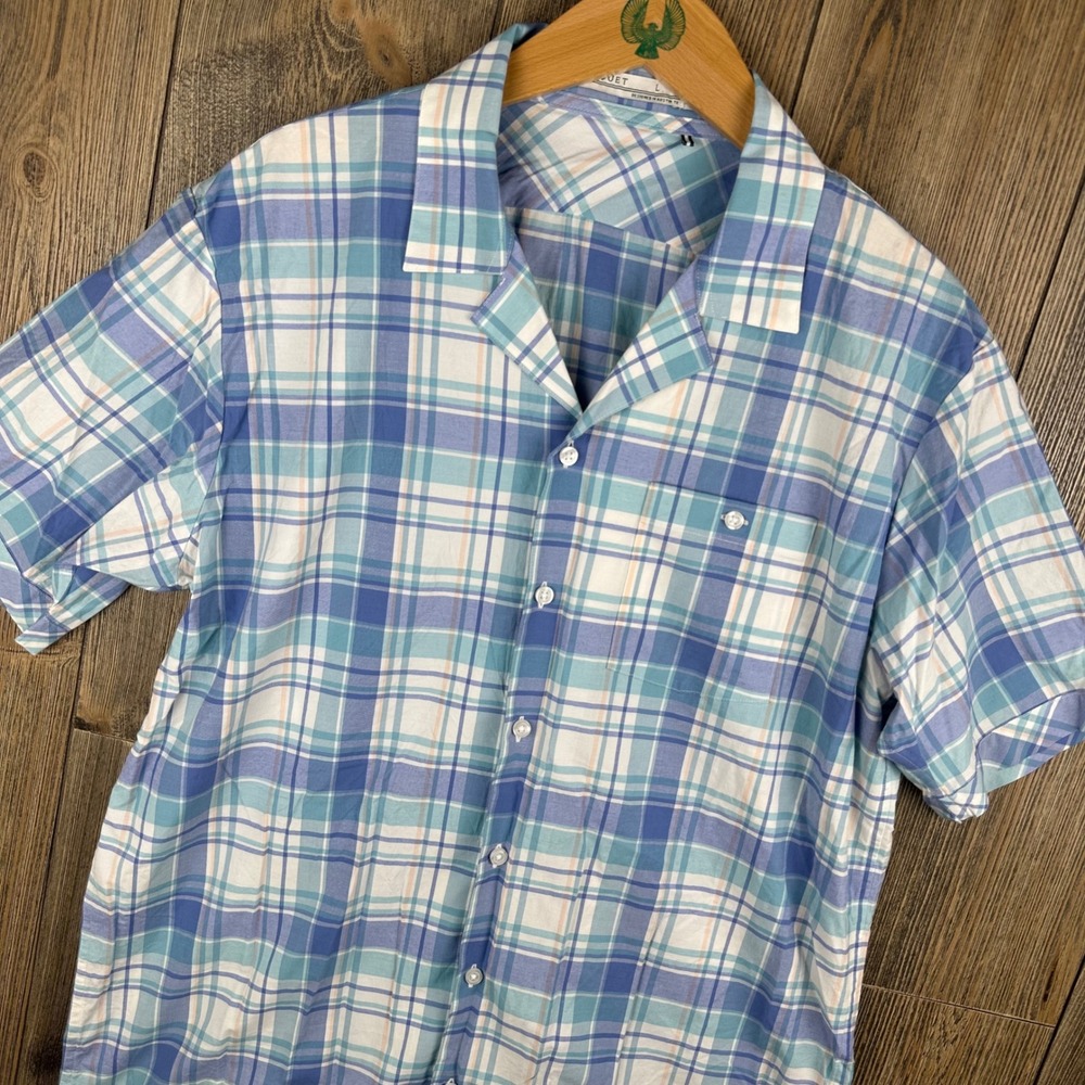 Criquet Mens Large Blue Plaid Short Sleeve Camp Collar Button Down Shirt L